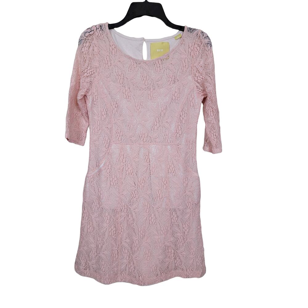 Anthropologie Maeve Sheath Dress Size Small Pink Lace Overlay Lined Short Sleeve